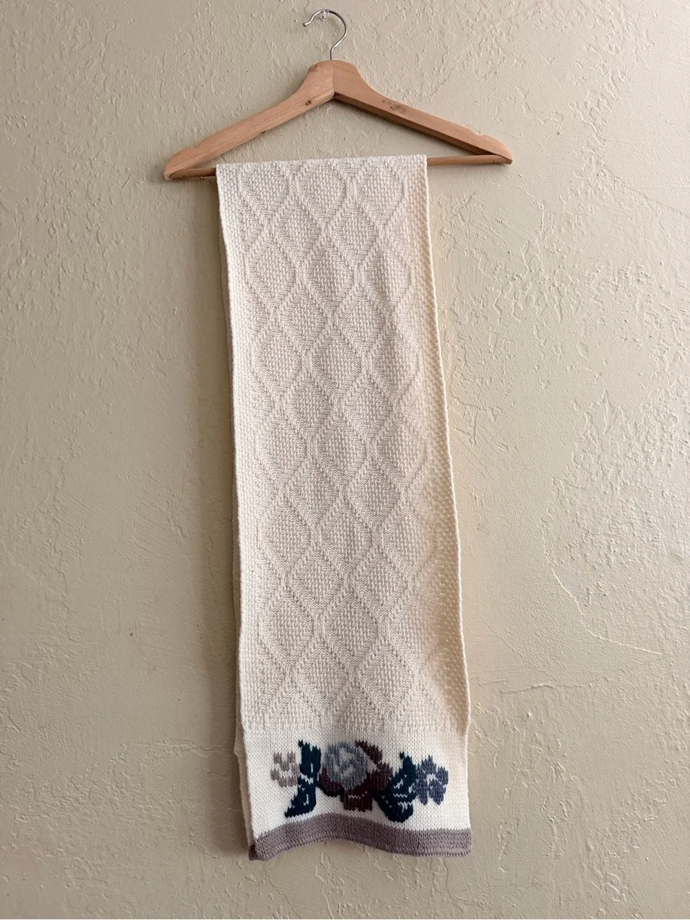 Vintage Cream Knit Scarf with Floral Accent